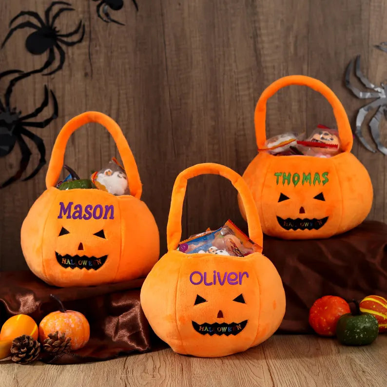 Embroidered Trick or Treat Bag, Pumpkin Bucket for Kids